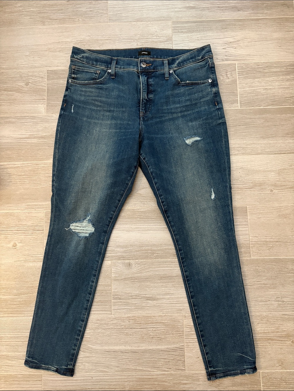 Express Women’s Skinny Jeans in Dark Blue Distressed Wash